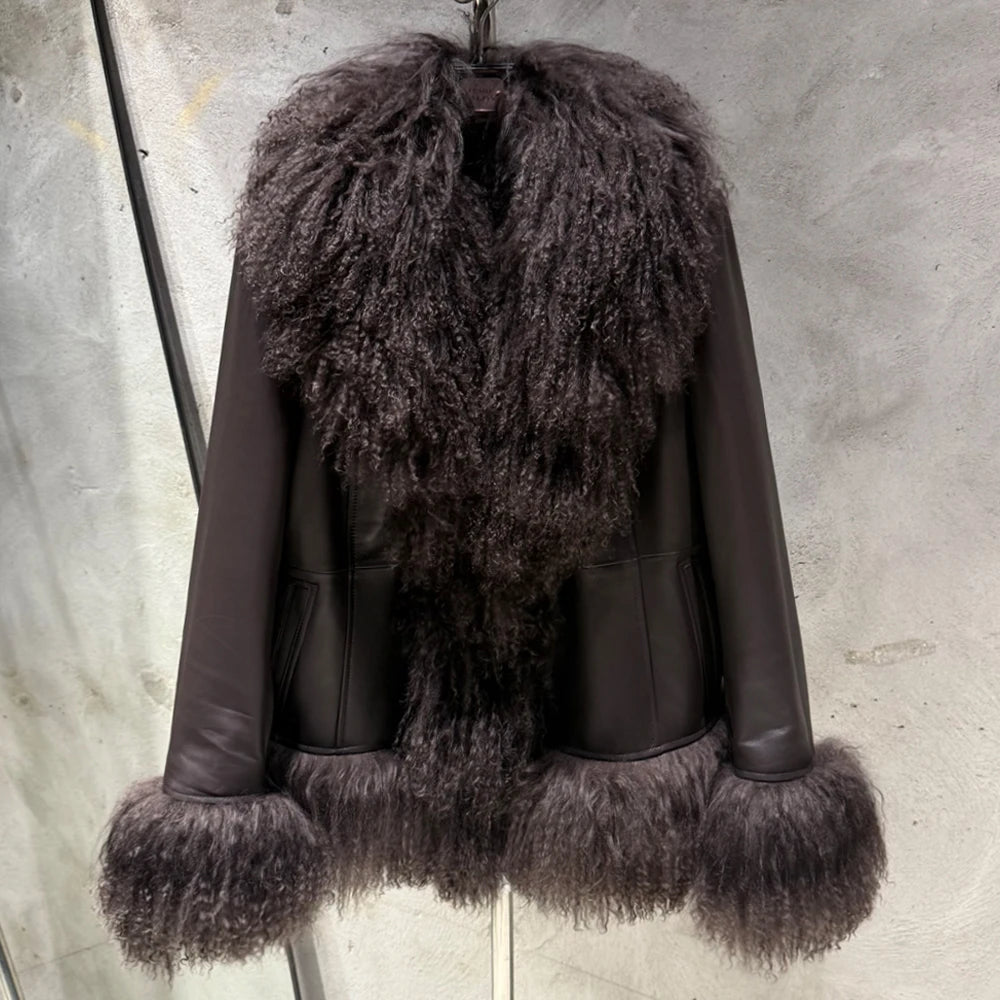 Sheep Fur Leather Coats Women Winter Luxury Mongolian Fur Leather Jackets with Long Sleeve with Natural Mongolian Fur 7251 - Matrix Studios