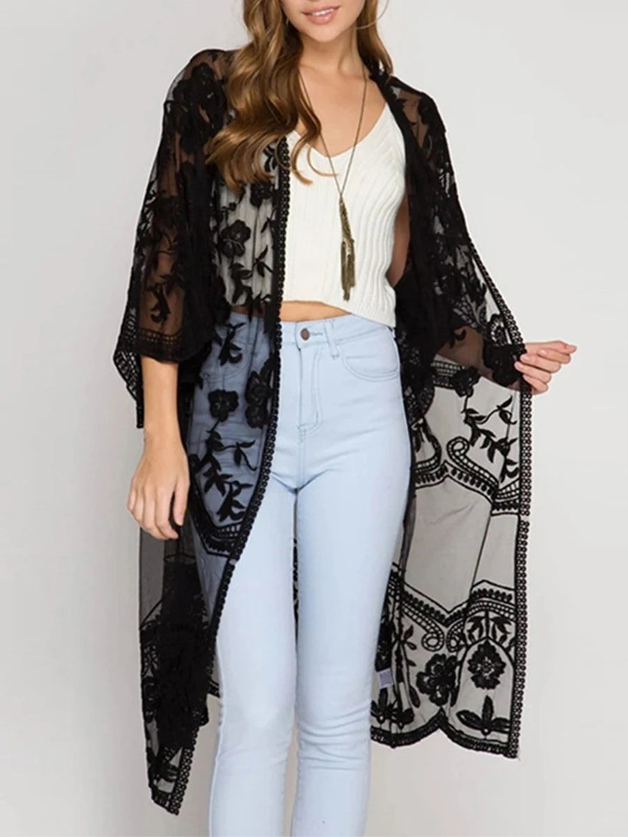 Women Beachwear Cardigan Solid Color 3/4 Sleeve See-Through Embroidery Flower Beach Dress For Women Summer Holiday Cover-Up - Matrix Studios