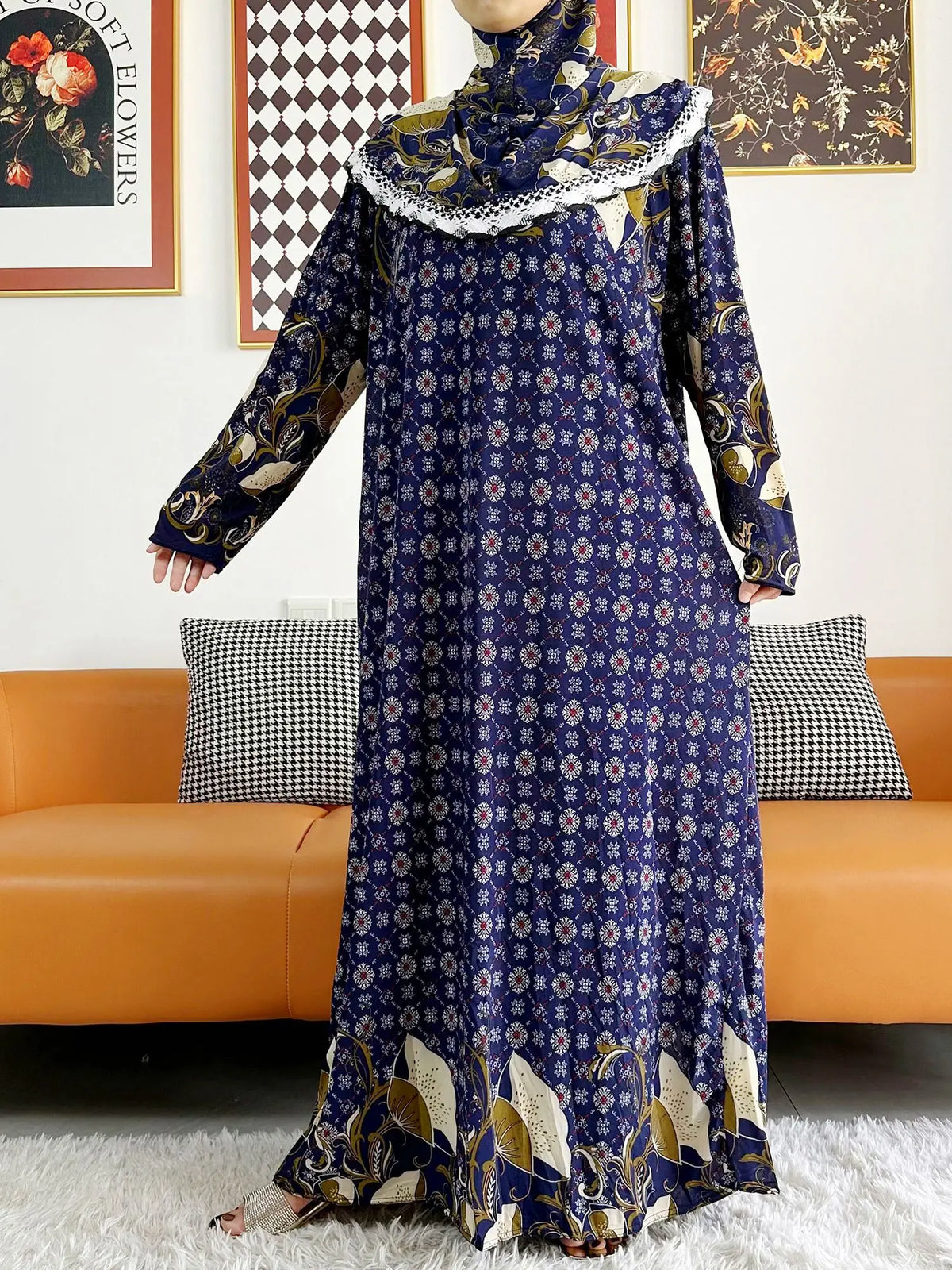 2023 Muslim Solid Cotton Abaya For Women Ramadan Prayer Garment Joint Hat Dubai Turkey Middle East Femme Robe Floral Loose Dress - Matrix-studios.com