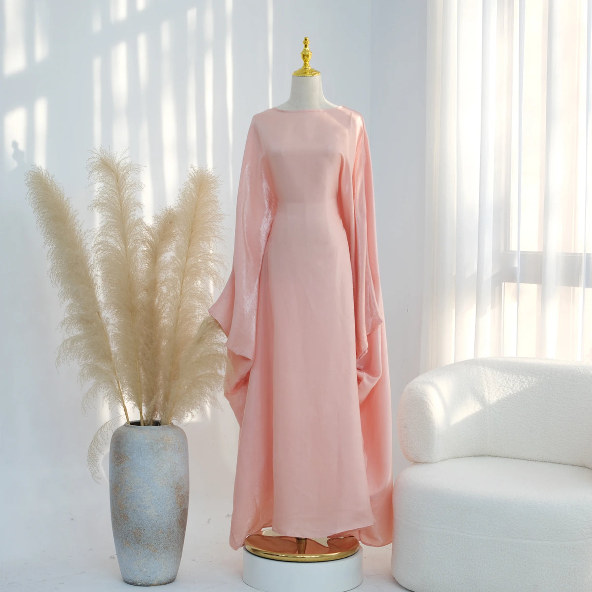 Ramadan Eid Evening Party Shiny Kaftan Dress for Women, Butterfly Sleeves Round Neck Muslim Women Abaya Dubai Islamic Clothing - Matrix-studios.com