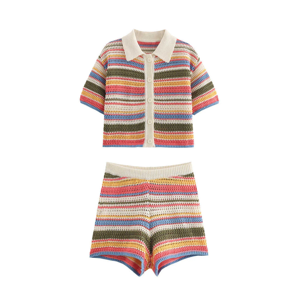 Women Patchwork Striped Hollow Out Crochet Knitted Crop Sweater Shorts Set Short Sleeve Polo Collar Sweater Knit Shorts Suit Y2K - Matrix-studios.com