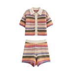 Women Patchwork Striped Hollow Out Crochet Knitted Crop Sweater Shorts Set Short Sleeve Polo Collar Sweater Knit Shorts Suit Y2K - Matrix-studios.com