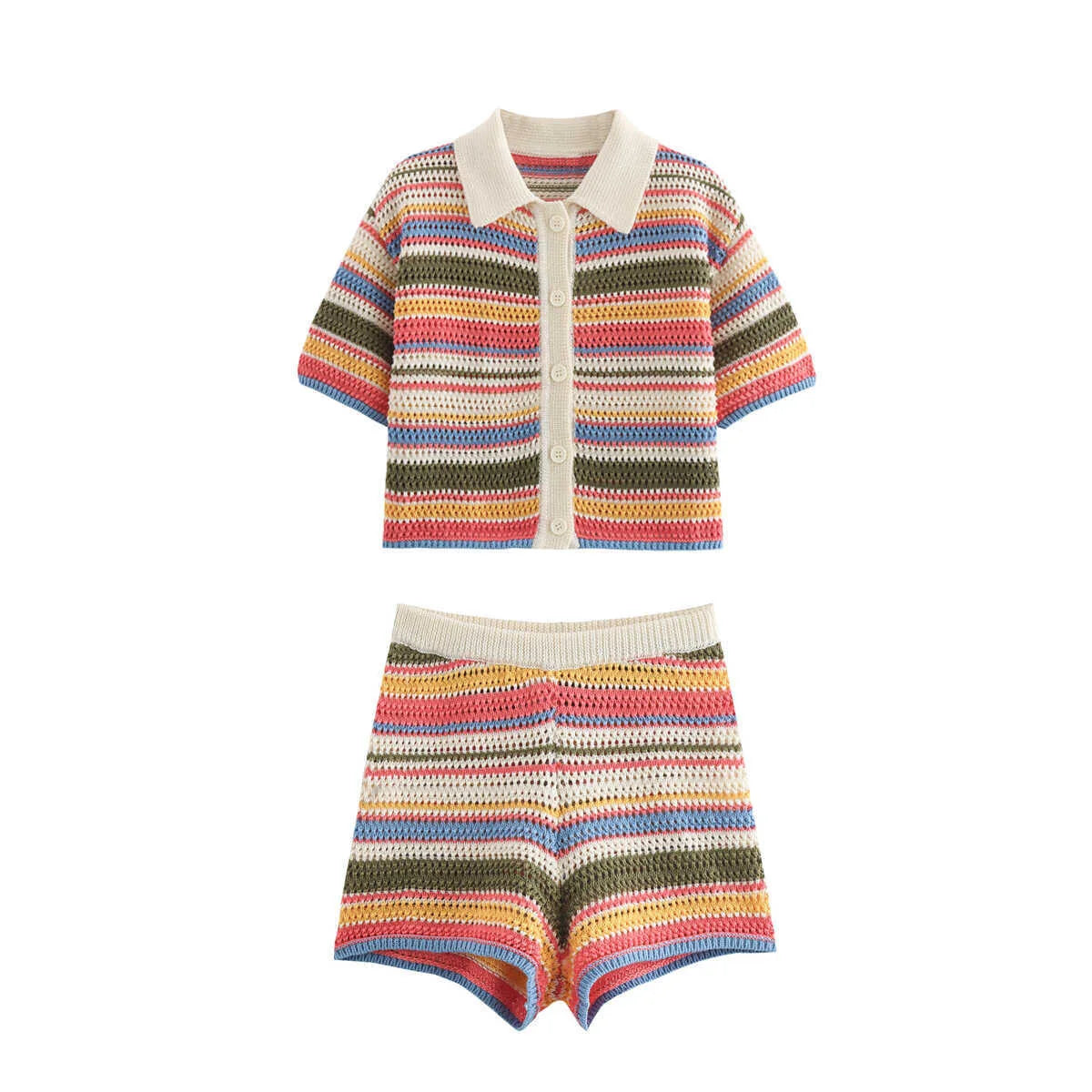 Women Patchwork Striped Hollow Out Crochet Knitted Crop Sweater Shorts Set Short Sleeve Polo Collar Sweater Knit Shorts Suit Y2K - Matrix-studios.com
