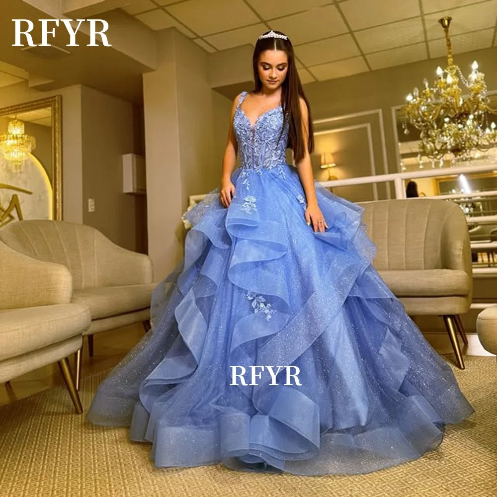 RFYR A Line Evening Dresses Lace Prom Dress Multilayers Elegant Princess Gown Applique Party Gown فساتين مناسبة رسمية Customized - Matrix-studios.com