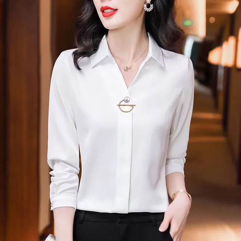 Elegant Women Chiffon Blouse 2025 New Temperament Turndown Collar Office Lady Shirt Streetwear Casual Solid Color Tops Clothing - Matrix-studios.com
