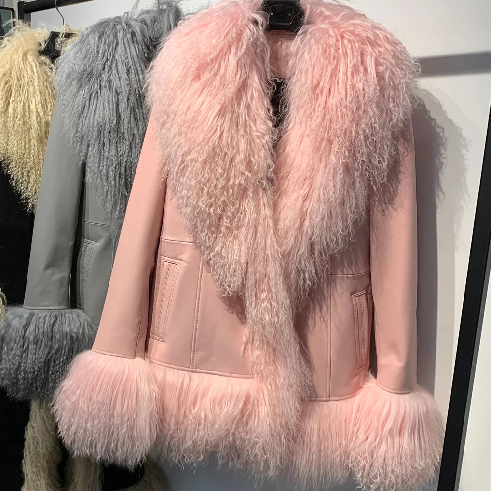 Sheep Collar Coats Women Winter Luxury Mongolian Fur Leather Jackets with Long Sleeve 7251 - Matrix Studios