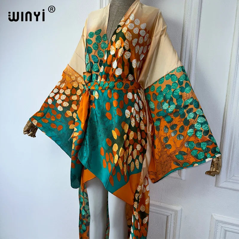 WINYI Summer Beach Wear Cover Up Lady Boho Cardigan Printing Elegant Silky and Skin-Friendly Sexy Holiday Kimono Maxi Dress - Matrix Studios