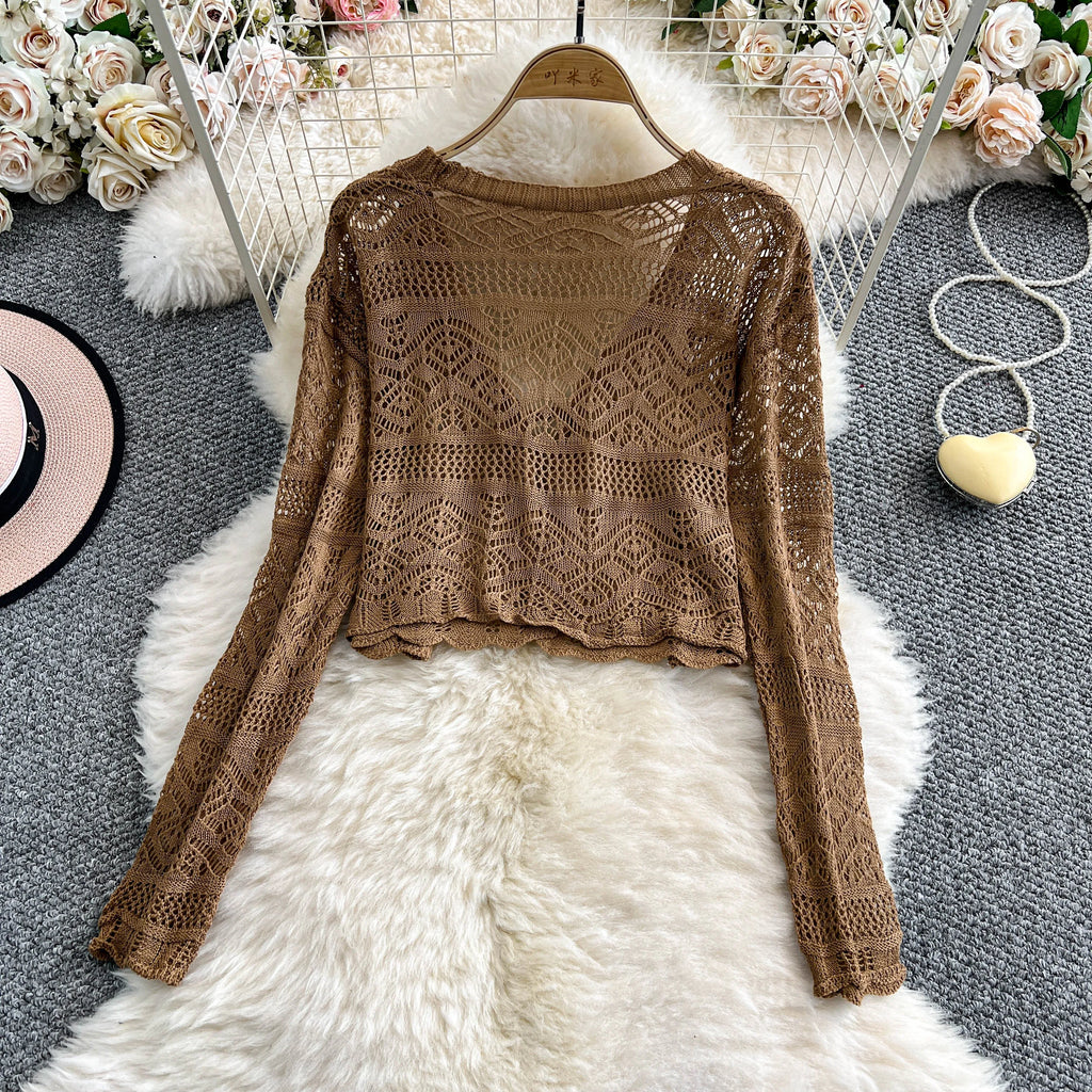 Women Tie Front Crop Cardigan Sheer Openwork Crochet Knit Top Lightweight Bolero Sweater Summer Fairycore Boho Chic Beach Outfit - Matrix Studios