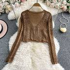 Women Tie Front Crop Cardigan Sheer Openwork Crochet Knit Top Lightweight Bolero Sweater Summer Fairycore Boho Chic Beach Outfit - Matrix Studios