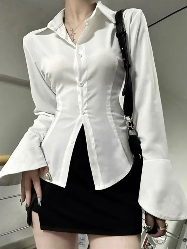 Sexy Slim Flared Sleeve Women's Shirt Solid Lapel Single-breasted Back Bandage Tunic Female Blouses Spring Trend New Lady - Matrix-studios.com