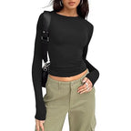 1pcs Four Seasons Fashion Senior Women T-shirt Long Sleeve Crew Neck Solid Slim Fit Tee Ladies Crop Top  Daily Streetwear Camis - Matrix-studios.com