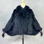 New Real Genuine Natural Knitted Rabbit Fur Shawl Coat With Fox Fur Collar Women's Fashion Knit Jacket Cape - Matrix Studios