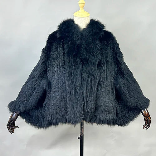 New Real Genuine Natural Knitted Rabbit Fur Shawl Coat With Fox Fur Collar Women's Fashion Knit Jacket Cape - Matrix Studios