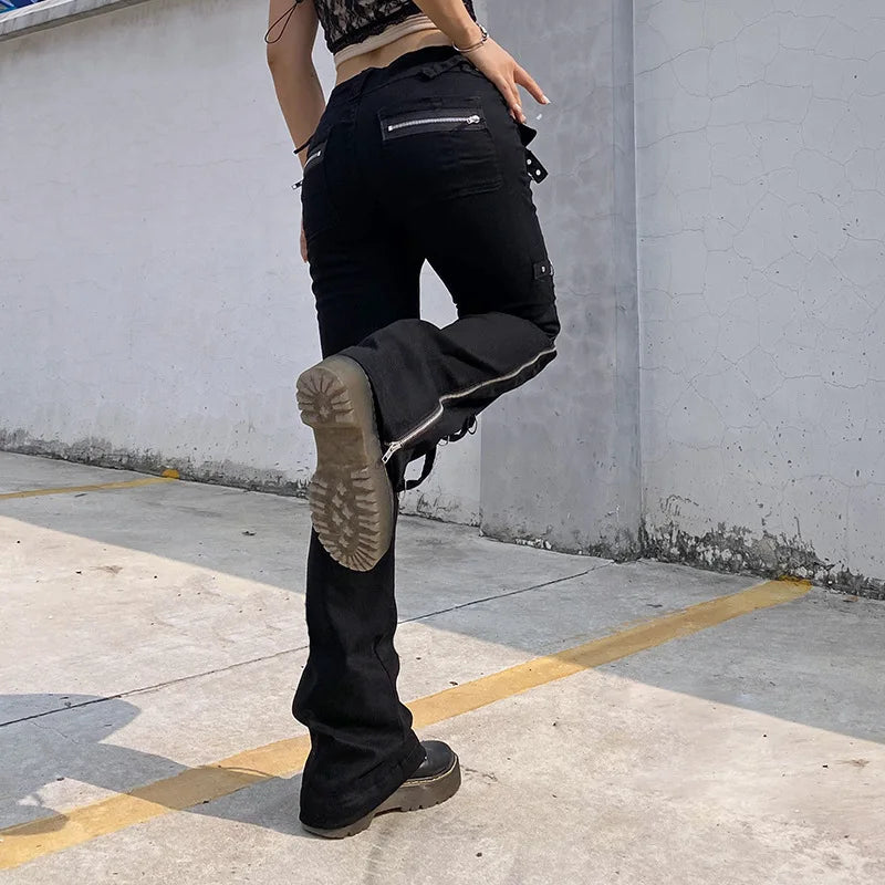 Dark Punk Y2k Grunge Low Waist Emo Jeans Mall Gothic Women Black Patchwork Electro Pants Fashion Streetwear Alt Clothes - Matrix-studios.com