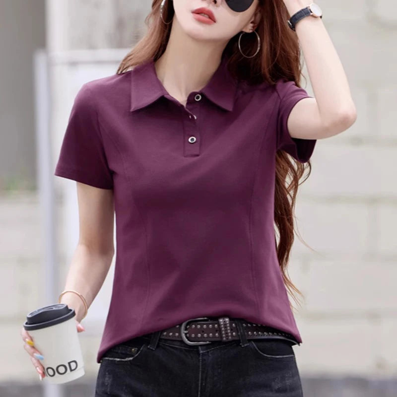 New Women Summer Casual T-shirt Fashion Button Turn-down Collar Short Sleeve Slim Polo T-shirt Simplicity Solid Color T-shirt - Matrix-studios.com