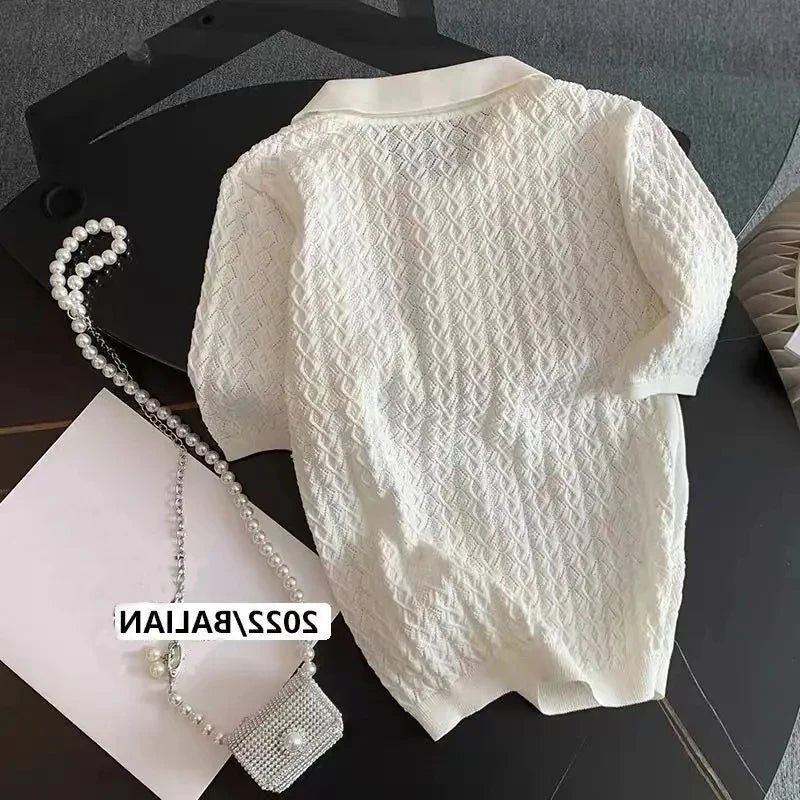 Korean Ice Silk Polo Neck Knitted Shirt Women 2025 Summer Chic Thin Unique Jacquard Short Sleeve Ladies Tops Women’s Clothing - Matrix-studios.com