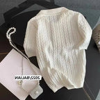 Korean Ice Silk Polo Neck Knitted Shirt Women 2025 Summer Chic Thin Unique Jacquard Short Sleeve Ladies Tops Women’s Clothing - Matrix-studios.com