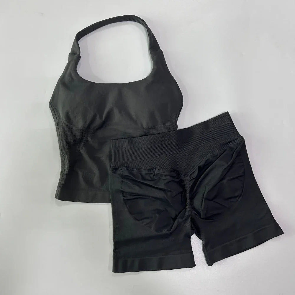 No Logo 2 Pieces Sports Set Women Backless Tank Tops High Waist Scrunch Seamless Shorts Gym Set Sportswear Workout Set Yoga - Matrix-studios.com