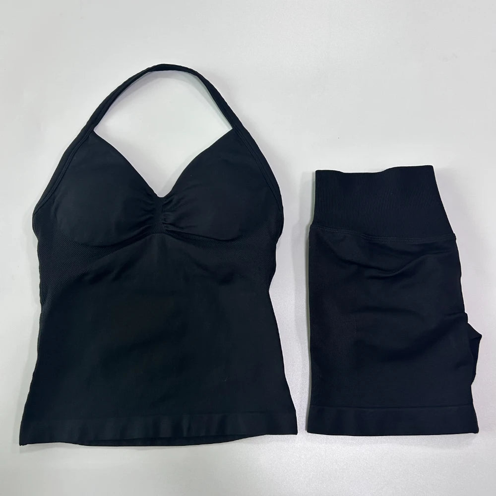 No Logo 2Pcs Gym Set Women Backless Tank Tops High Waist Scrunch Seamless Shorts Gym Suit Fitness Clothes Activewear Workout Set - Matrix-studios.com