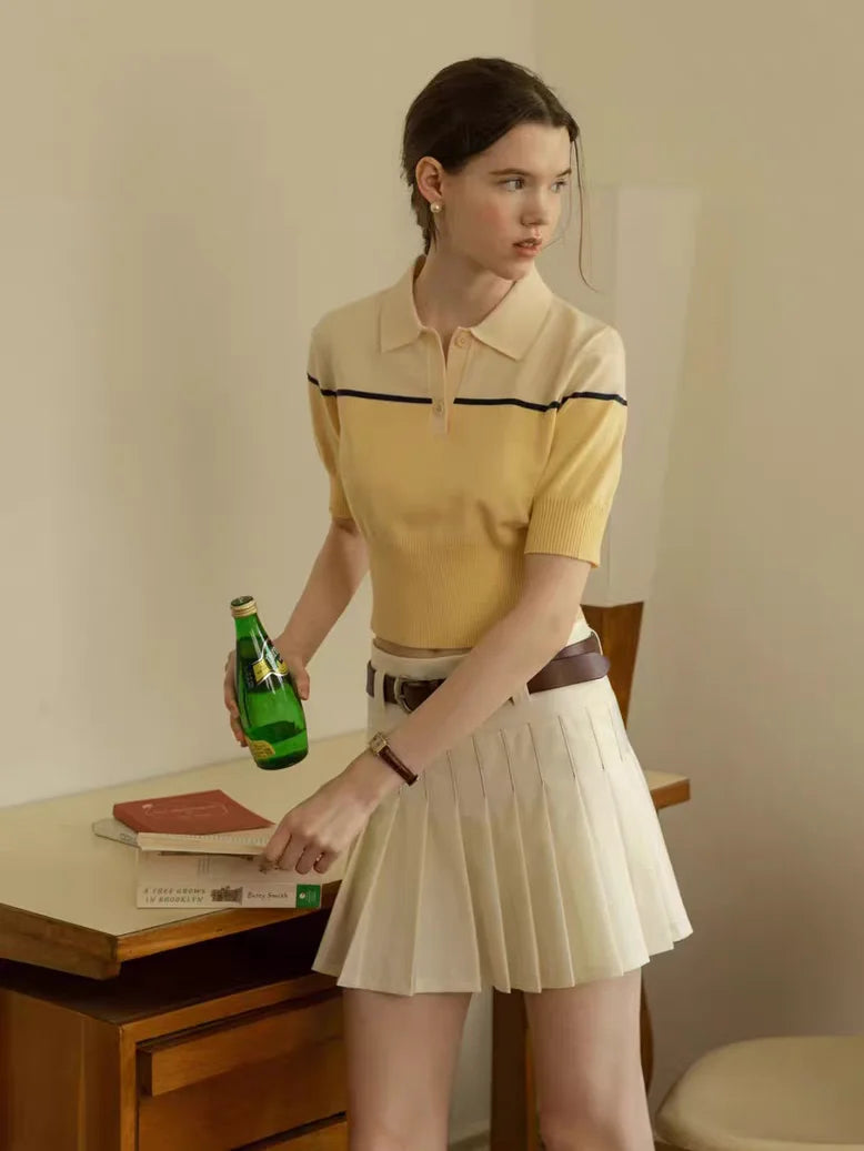 French Contrast Polo Collar Knitted T-Shirt Women's 2025 Summer New Fashion Casual Short Sleeve Top - Matrix-studios.com