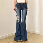 Women Retro Y2k Jeans Baggy Floral Embroidery Jeans Vintage 2000s Low Rise Flared Denim Pants High Street Basic Trousers - Matrix-studios.com