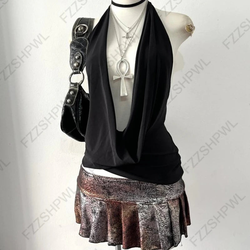 Gothic Y2K Women's Long-Sleeve T-Shirt Sexy Slim Fit Chic Slash Neck Zipper Design Crop Top Rock Punk Hip Hop Women's Streetwear