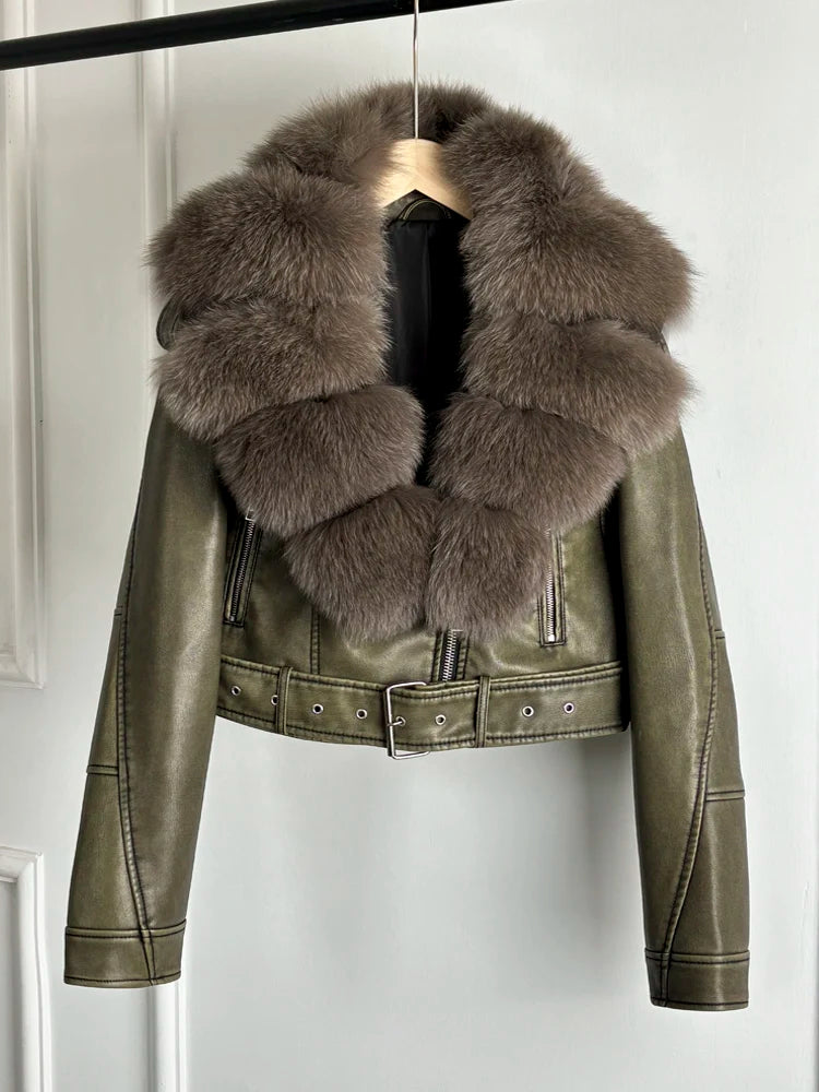 Lagabogy 2024 Big Real Fox Fur Women Vintage Pu Faux Leather Short Jacket With Belt Streetwear Female Zipper Retro Coat Outwear - Matrix Studios