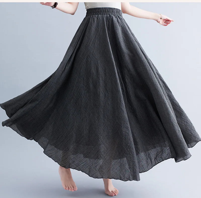 28-Color Mori Girl Literary Cotton Linen Dress Elastic Waist A-line Expansion Skirt Solid Color Ethnic Style Women Long Skirts - Matrix-studios.com