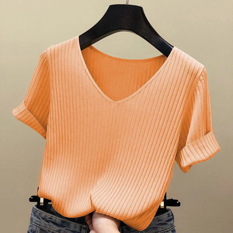 AOSSVIAO 2026 Basic V-neck Solid Thin Summer Women Pullover Female Thin Knitted Ribbed Sweater Slim Short Sleeve Bodycon Sweater - Matrix-studios.com
