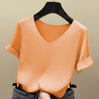 AOSSVIAO 2026 Basic V-neck Solid Thin Summer Women Pullover Female Thin Knitted Ribbed Sweater Slim Short Sleeve Bodycon Sweater - Matrix-studios.com
