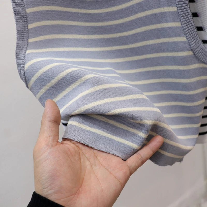 2026 Spring Summer New Sleeveless Ice Silk Knit Tank Top Striped O-Neck Women's Camisole Slim Fit Versatile Sexy Crop Tops - Matrix-studios.com