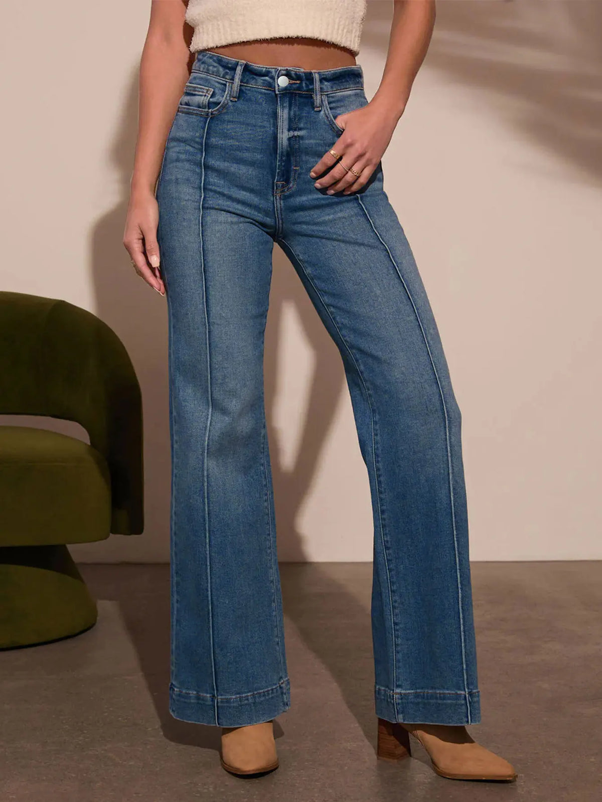 Autumn new women's dark blue high waist straight jeans slim fit wide leg version stretch denim fabric elegant intellectual jeans - Matrix-studios.com