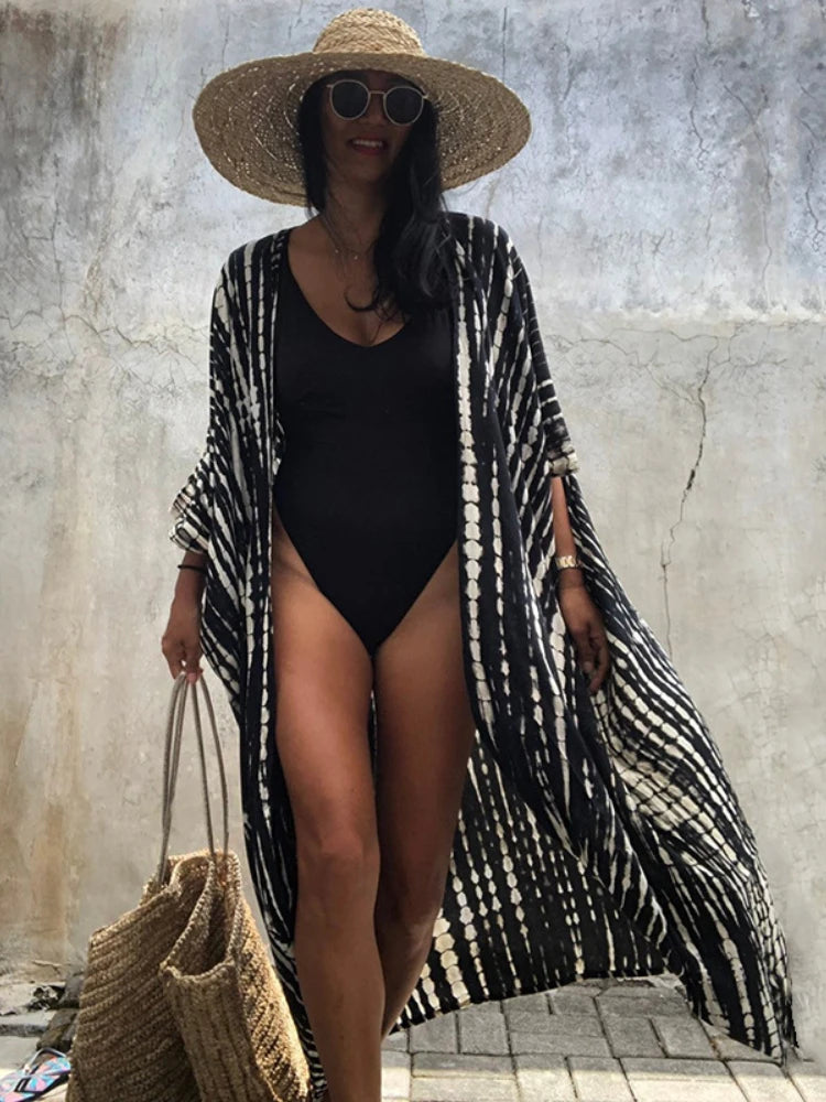 Beach Cover Ups for Swimwear Women Black Tie Dye Kimono Swimsuit Cape Summer Dress 2022 Beachwear Outfits Sales - Matrix Studios