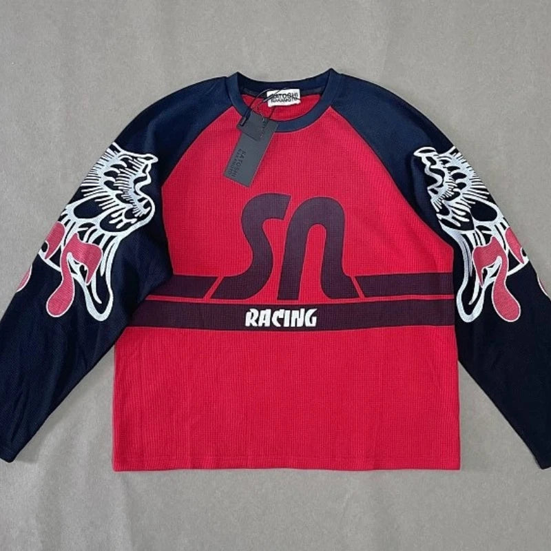 Waffle Washed Wax Printed SATOSHI NAKAMOTO SN Racing Long Sleeve T‑shirt High Quality Tops Men Women Casual Tee - Matrix-studios.com