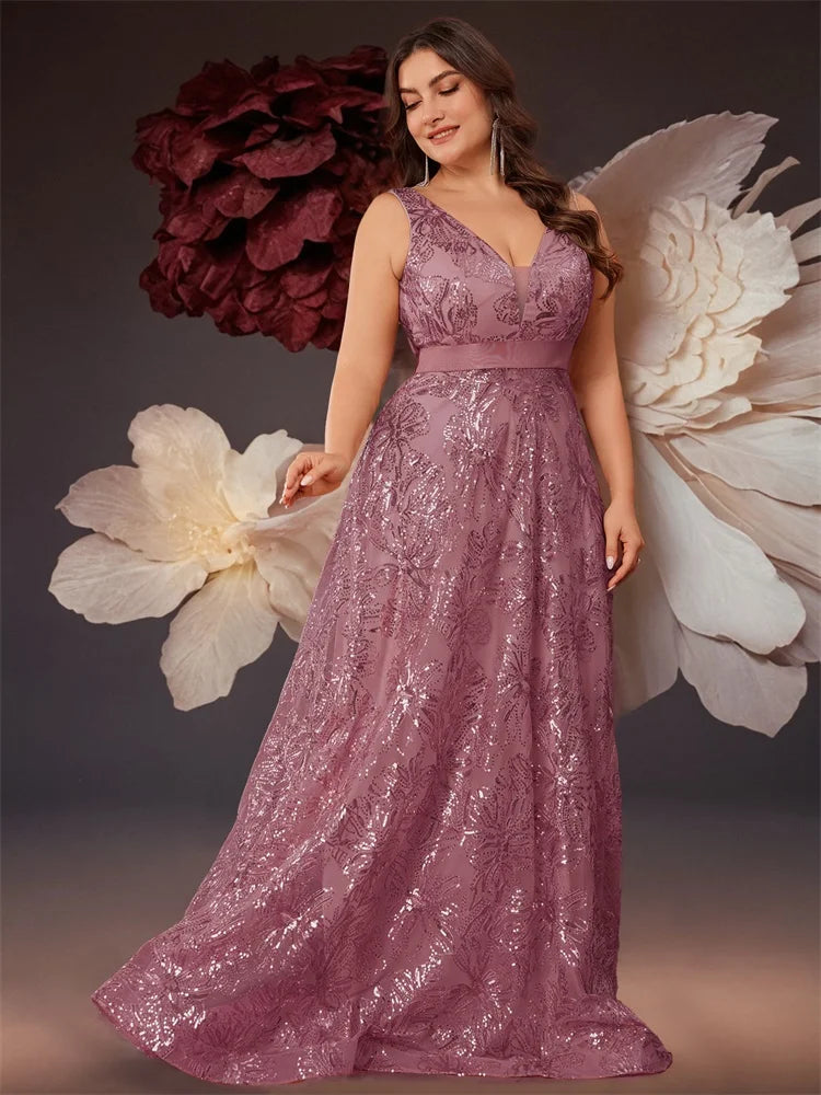 Plus Size Luxury Deep V-Neck Sequins Blue Evening Dress Women Elegant V-back Wedding Party Long Prom Cocktail Dresses - Matrix Studios