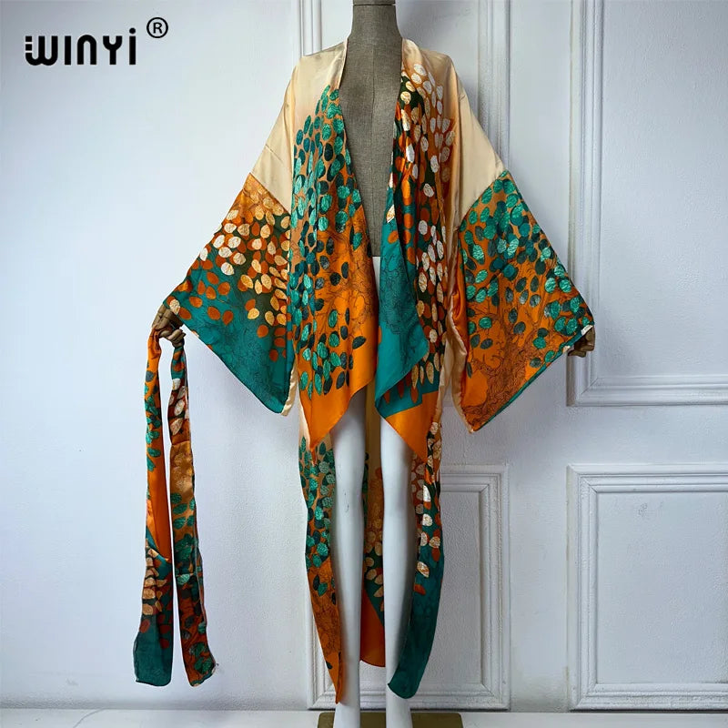 WINYI Summer Beach Wear Cover Up Lady Boho Cardigan Printing Elegant Silky and Skin-Friendly Sexy Holiday Kimono Maxi Dress - Matrix Studios