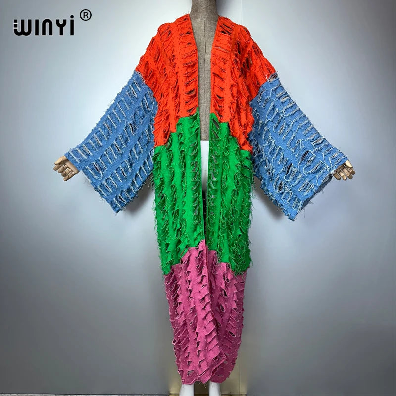 WINYI Kimono Colored Denim Cardigan Maxi Dress Beach Wear Cover-Up Abaya Dubai Luxury Beach Outfits for Women Broke Jeans Coat - Matrix Studios