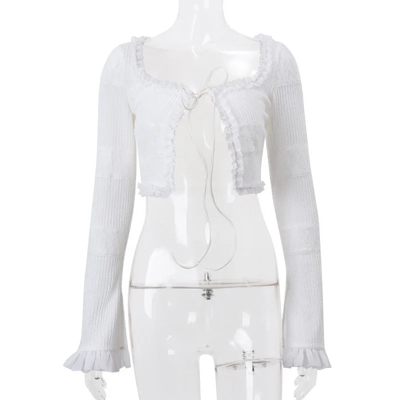 Cryptographic Fashion Y2K Ruffle Tiered Mini Skirts Co-ord Sets Elegant Outfits Tie Front Tops and Skirt 2 Piece Matching Sets - Matrix-studios.com