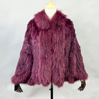 New Real Genuine Natural Knitted Rabbit Fur Shawl Coat With Fox Fur Collar Women's Fashion Knit Jacket Cape - Matrix Studios