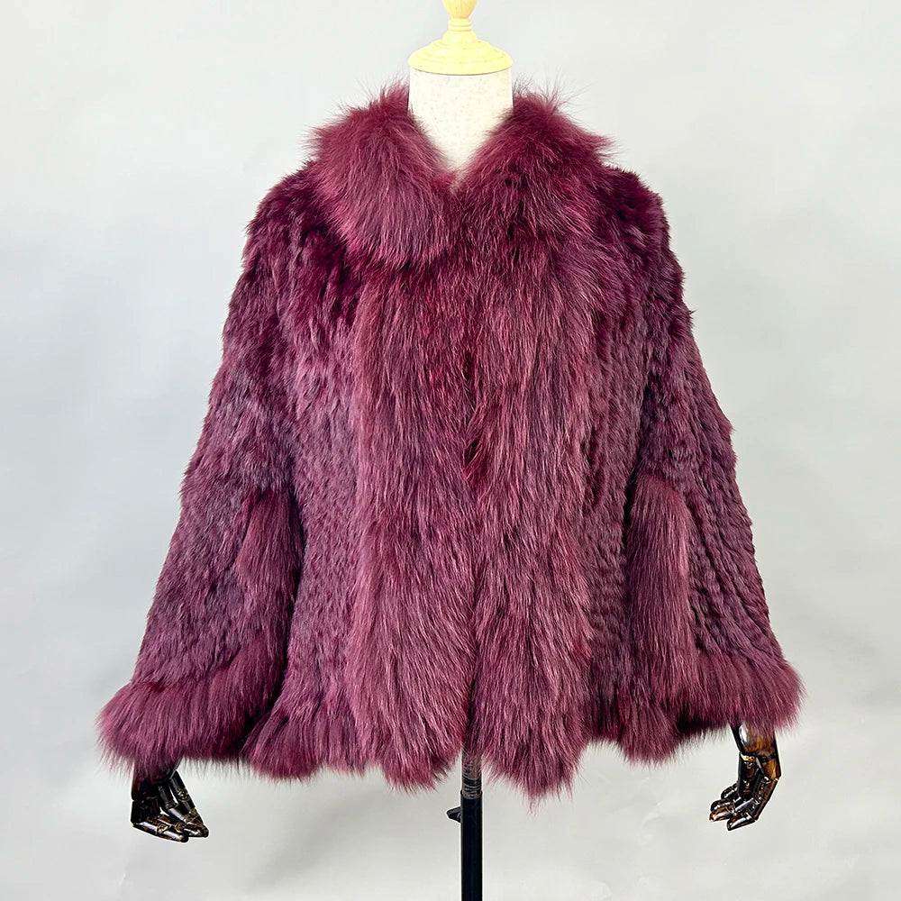 New Real Genuine Natural Knitted Rabbit Fur Shawl Coat With Fox Fur Collar Women's Fashion Knit Jacket Cape - Matrix Studios