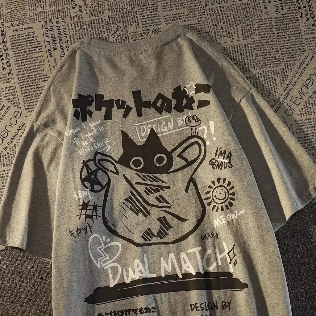 Summer Japanese Retro Pocket Cat Cartoon Printed Short Sleeve T-shirt Male Female Couples Unisex College Style Oversized Top - Matrix-studios.com