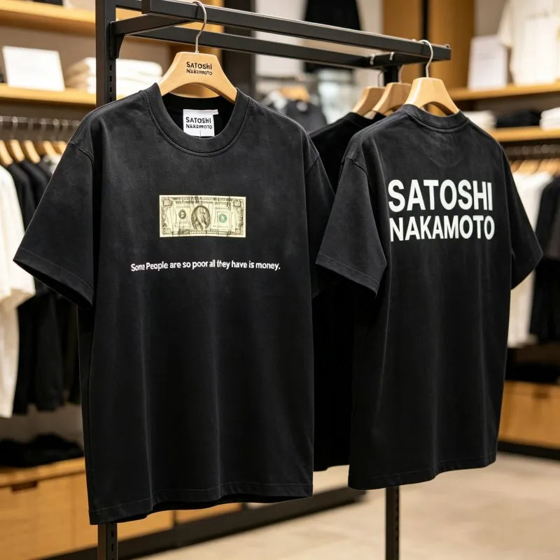 Summer White Ink Direct Spray Satoshi Tshirt Graffiti Dollar Print Letter Logo Cotton Round Neck Short Sleeve Top Tees Men Women - Matrix-studios.com