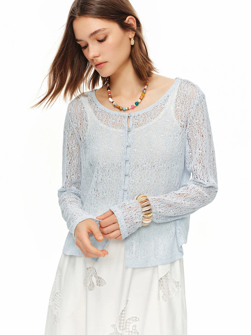 DUSHU 2026 Summer Women's Textured Beaded Button Relaxed Cardigan, Openwork Loose Knit Top for Coquette & Soft Layering Style - Matrix Studios
