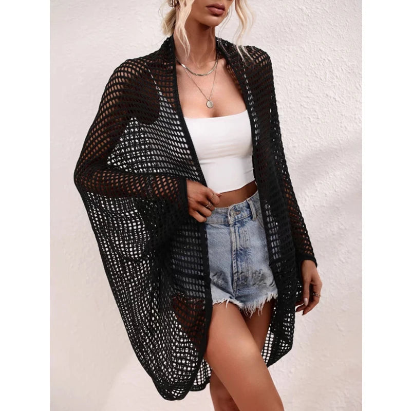 Openwork Open Front Longline Cover Up Crochet Knit Cardigan Sweater for Women Summer Vacation Beach Outfit - Matrix Studios
