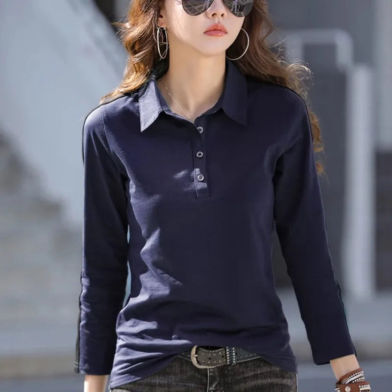 European Station Long sleeved T-shirt Women's Summer New Fashion Light Luxury Pure Cotton Polo Neck Casual Large Size Loose Top - Matrix-studios.com