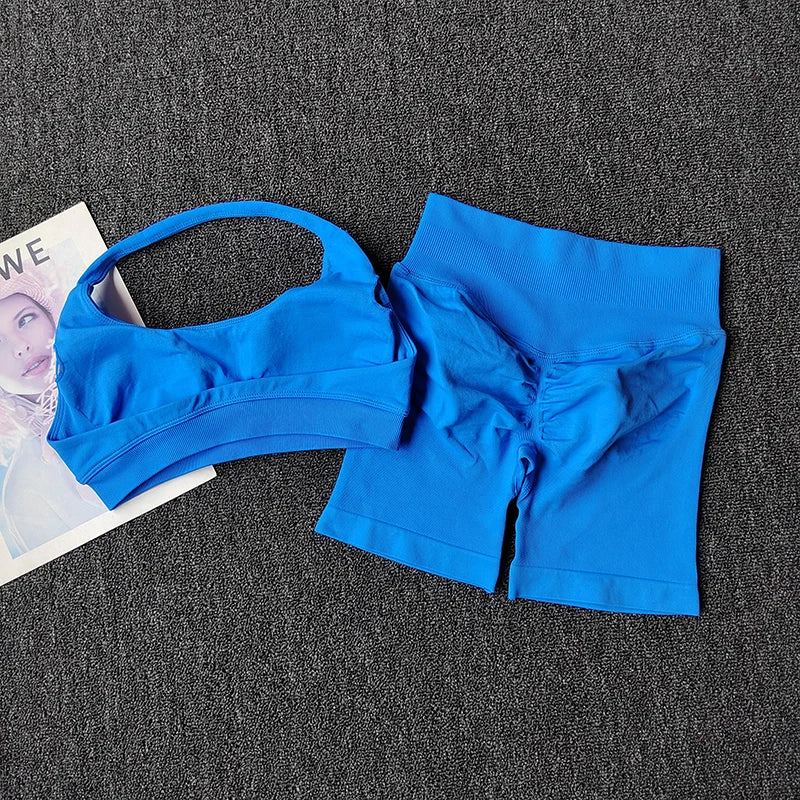 2PCs Peach High Waist Belly Hip Lifting Sports Bras Shorts Suit Gathering Shock-proof Neck Halter Yoga Suit Running Fitness Set - Matrix-studios.com