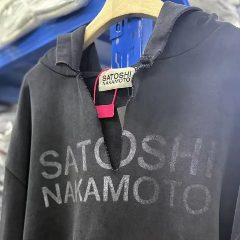 Winter Oversize SATOSHI Hoodie Retro Washed Black Destroy Collar Colorful Rivet Hood SweatshirtsMen Women Hiphop Street Outfit - Matrix-studios.com