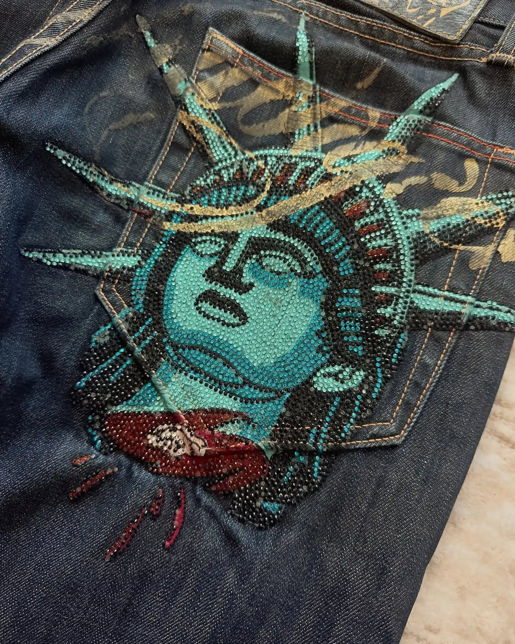 Vintage 2000s Statue of Liberty Jeans High Waisted Baggy Straight Denim Pant Streetwear Jean Hot Stamp Diamond Studded Y2k Pants - Matrix-studios.com