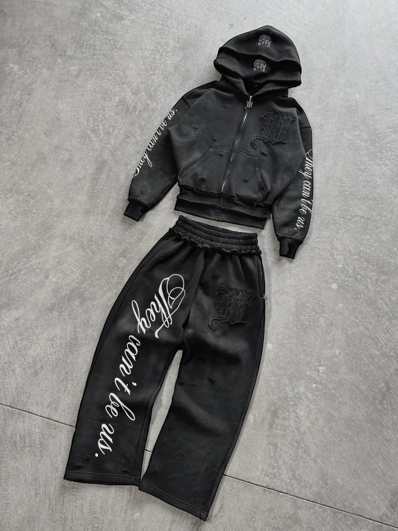 Y2k Street Style Large Area Embroidered Back Oversized Loose Hooded Sweatshirt Stretch Jogging Pants Casual Sports Pants Suit