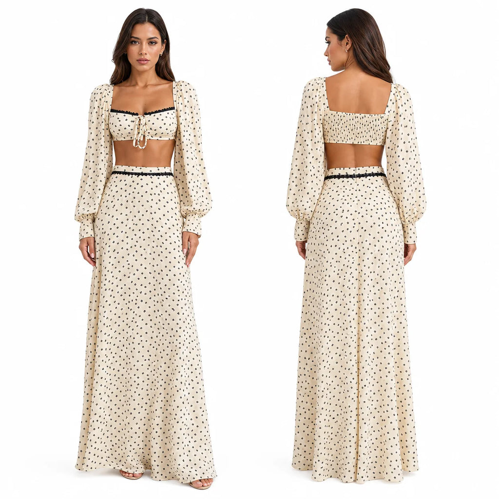 Women 2 Piece Boho Matching Sets, Integrated Puff Long Sleeve Cutout Back Tie‑Front Crop Top & High Waist Flowy Polka Dot Maxi Skirt, Summer Beach Vacation Co‑Ord Outfits - Matrix-studios.com